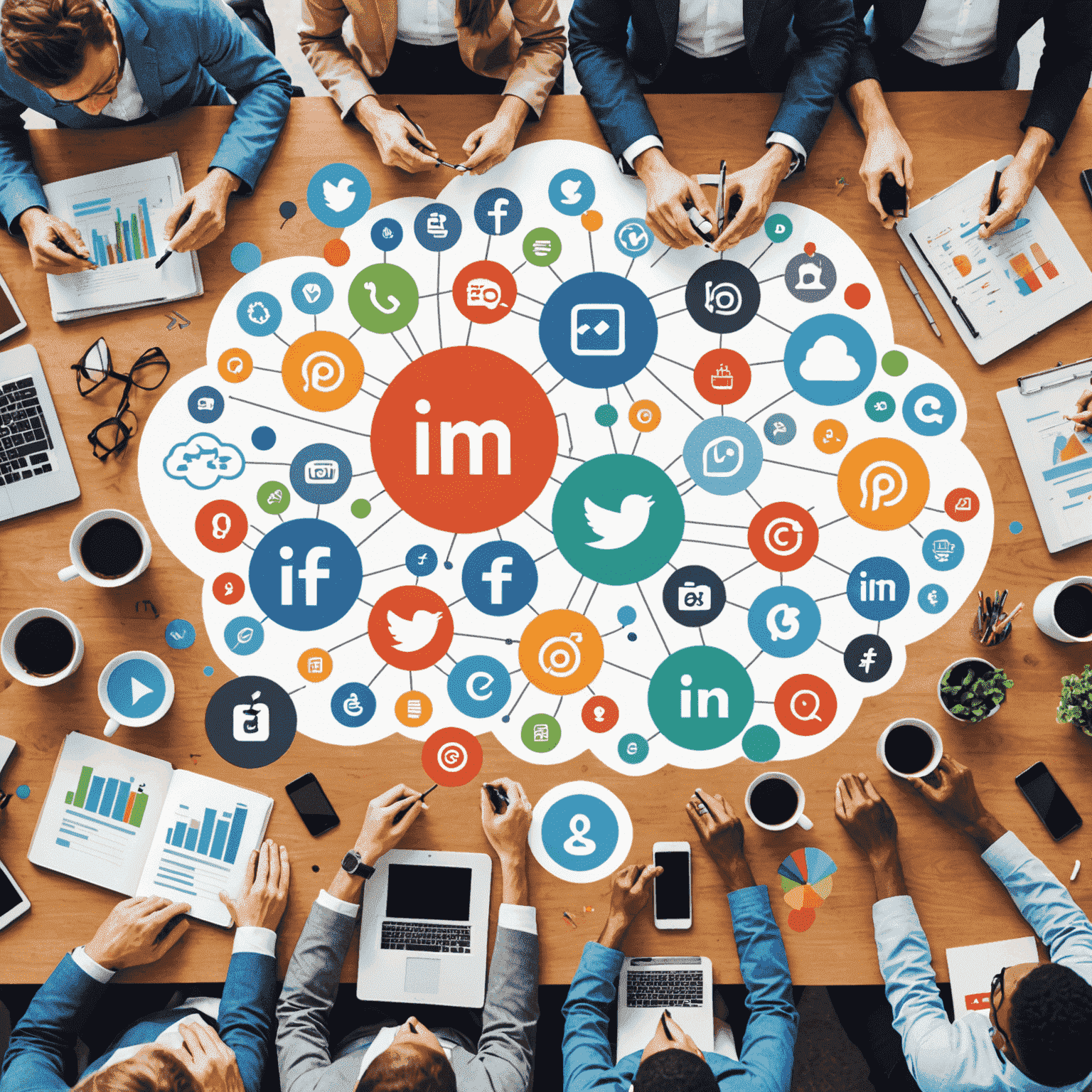 A dynamic collage representing digital marketing concepts: social media icons, analytics graphs, and a team brainstorming session