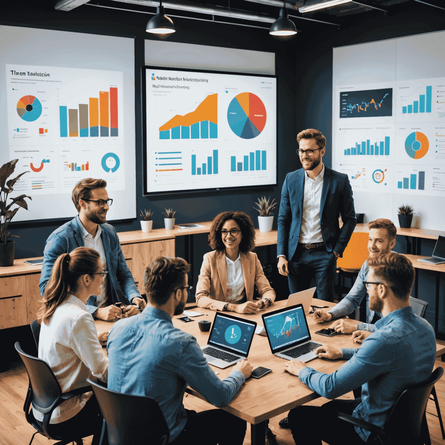 Digital marketing professionals collaborating on a growth hacking strategy, surrounded by vibrant infographics and data visualizations