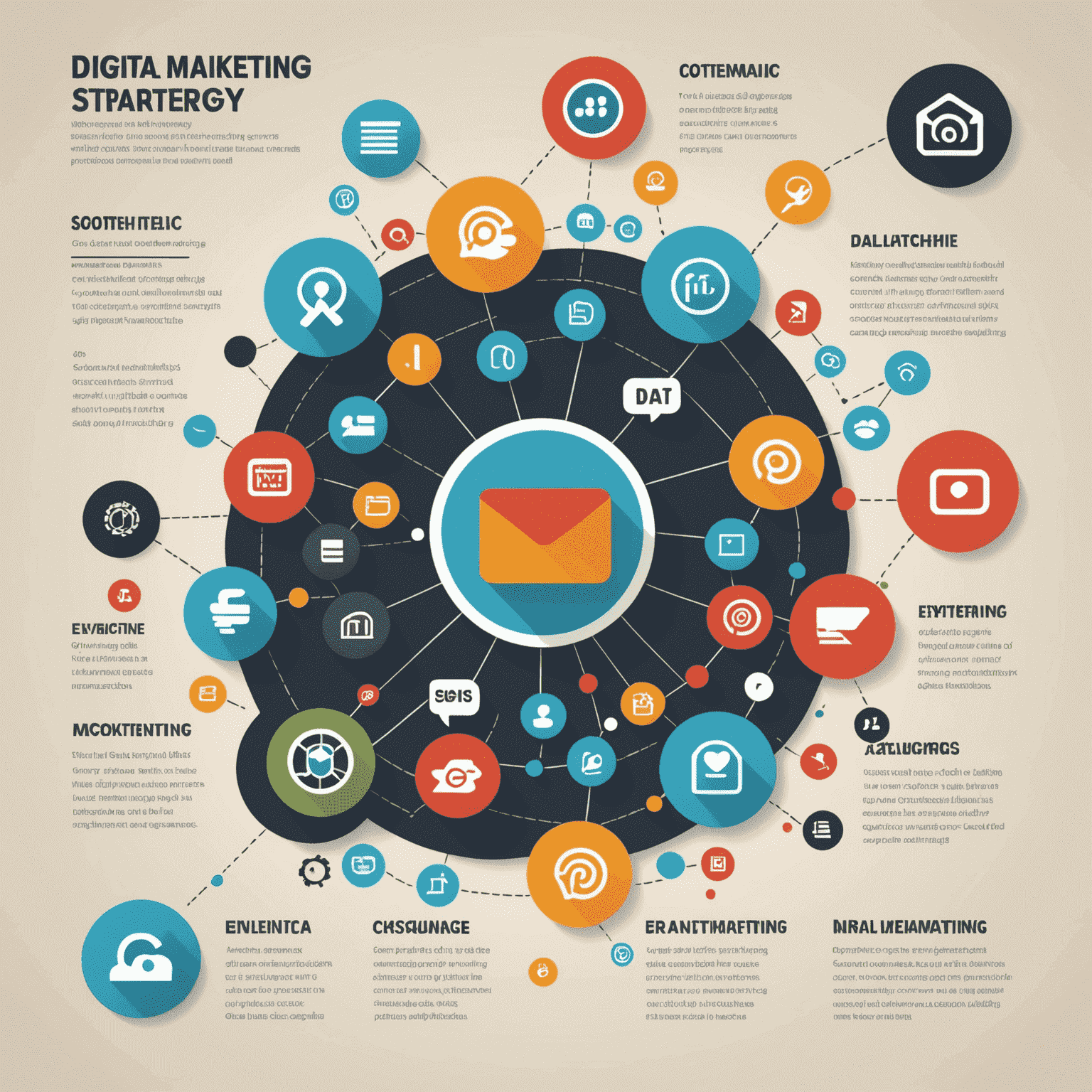 Digital marketing strategy infographic showing icons for social media, content marketing, SEO, email marketing, and data analytics
