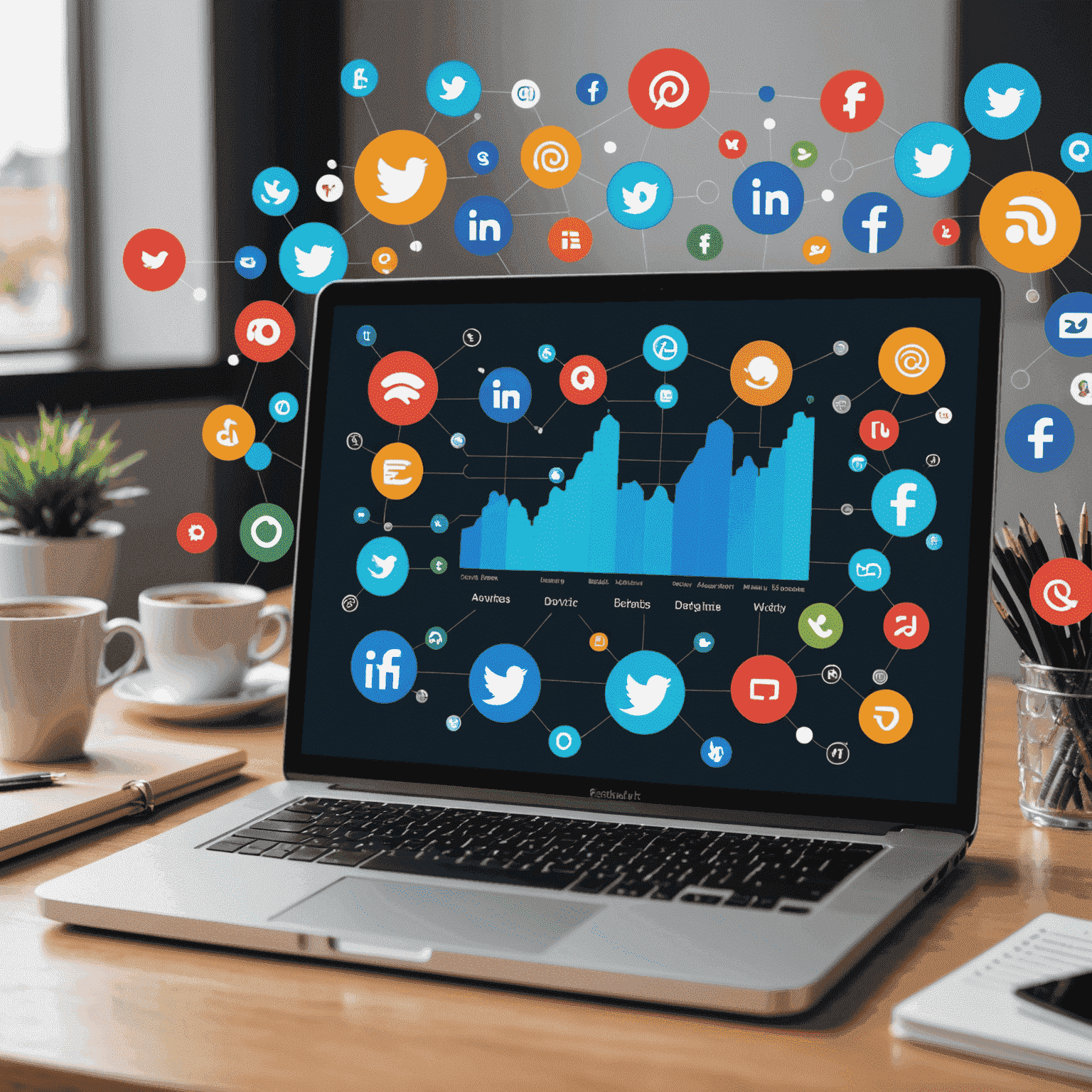 Social media icons floating above a laptop screen showing analytics dashboard, representing the power of social media advertising