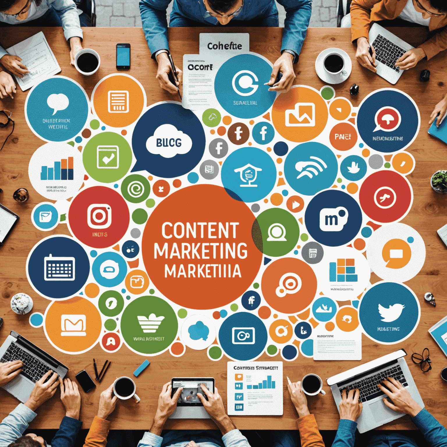A collage showing various content types: blog posts, infographics, videos, and social media posts. The image emphasizes the diversity of content marketing strategies.