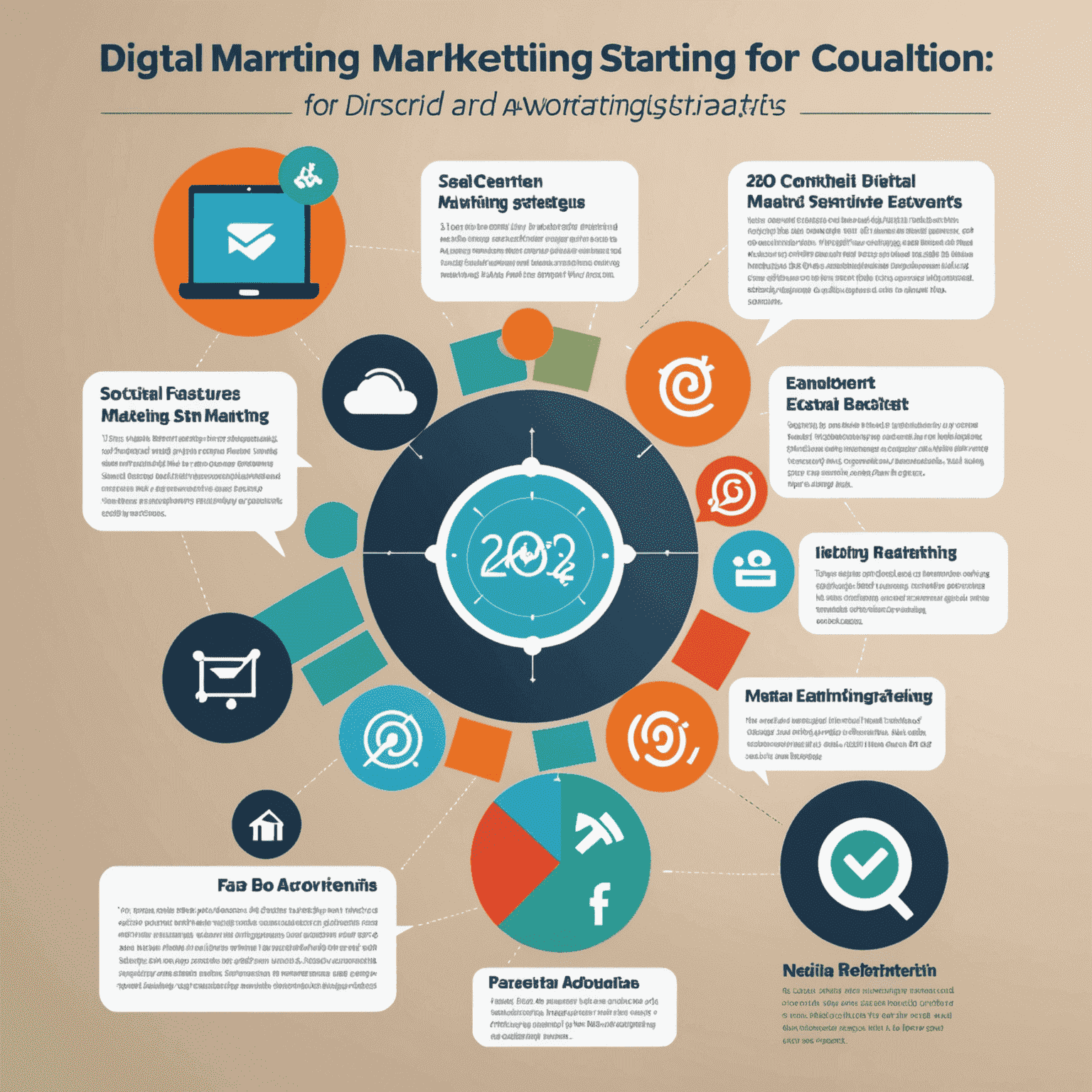 Infographic showing 5 digital marketing strategies for 2024, including social media, content marketing, SEO, email marketing, and paid advertising