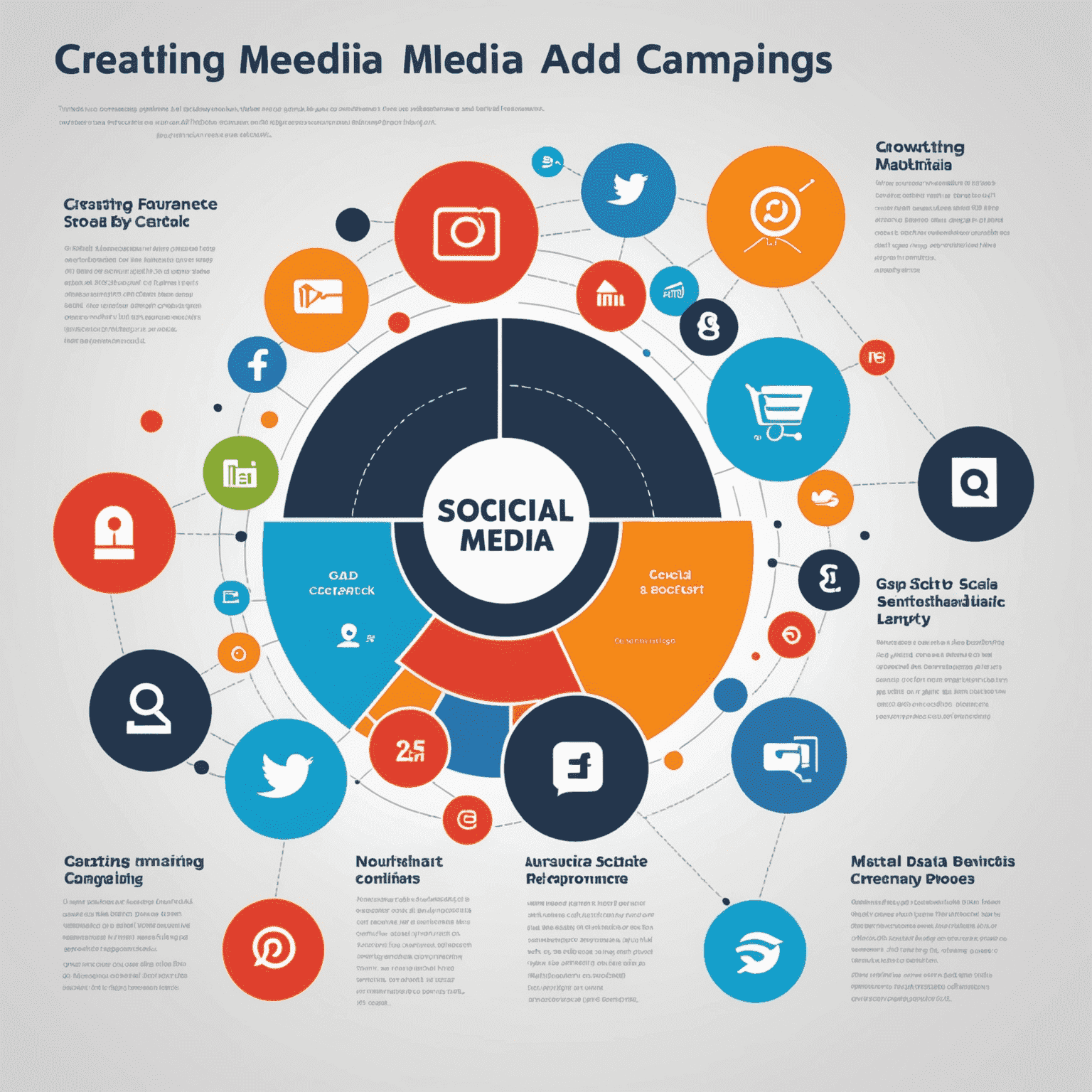 Infographic showing the step-by-step process of creating an effective social media ad campaign, from audience research to performance analysis