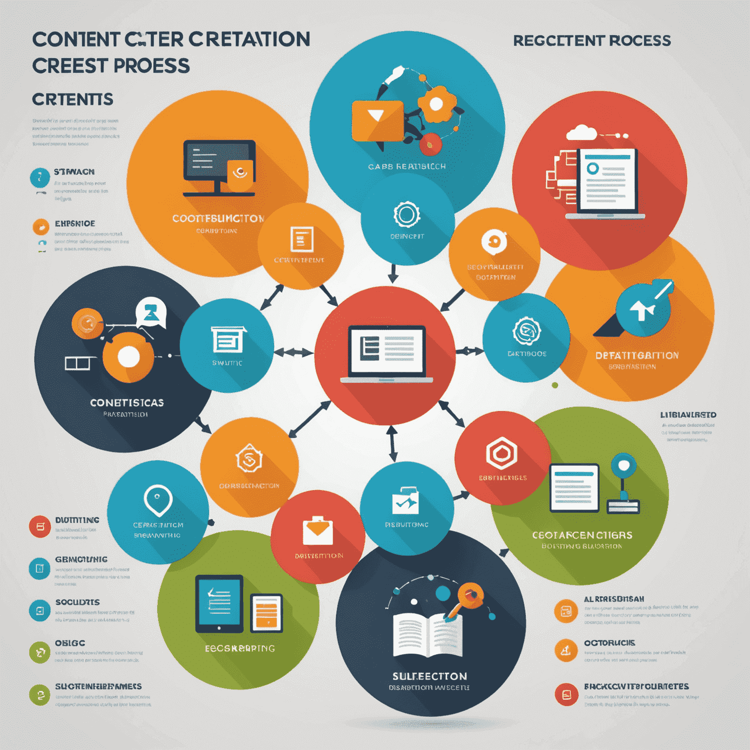 An infographic showing the content creation process: research, planning, writing, editing, and distribution. Each step is represented by a colorful icon.