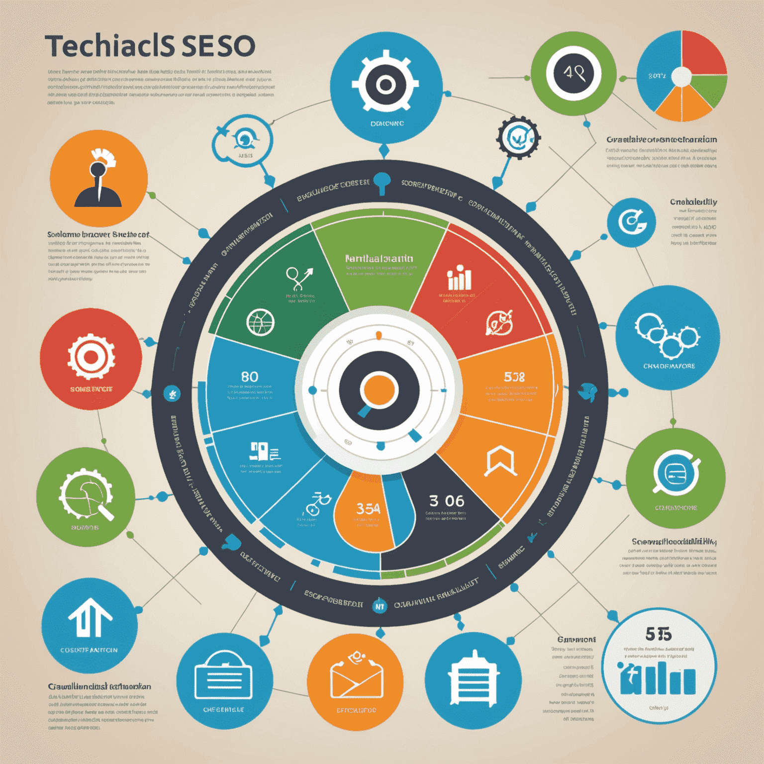 An infographic showing various technical SEO elements like site speed, schema markup, and crawlability