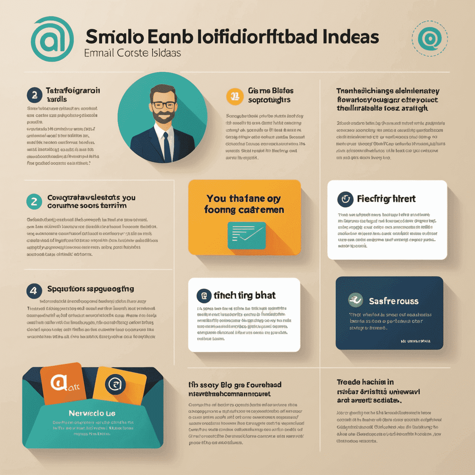 Infographic showing email content ideas: exclusive offers, industry insights, how-to guides, and customer spotlights