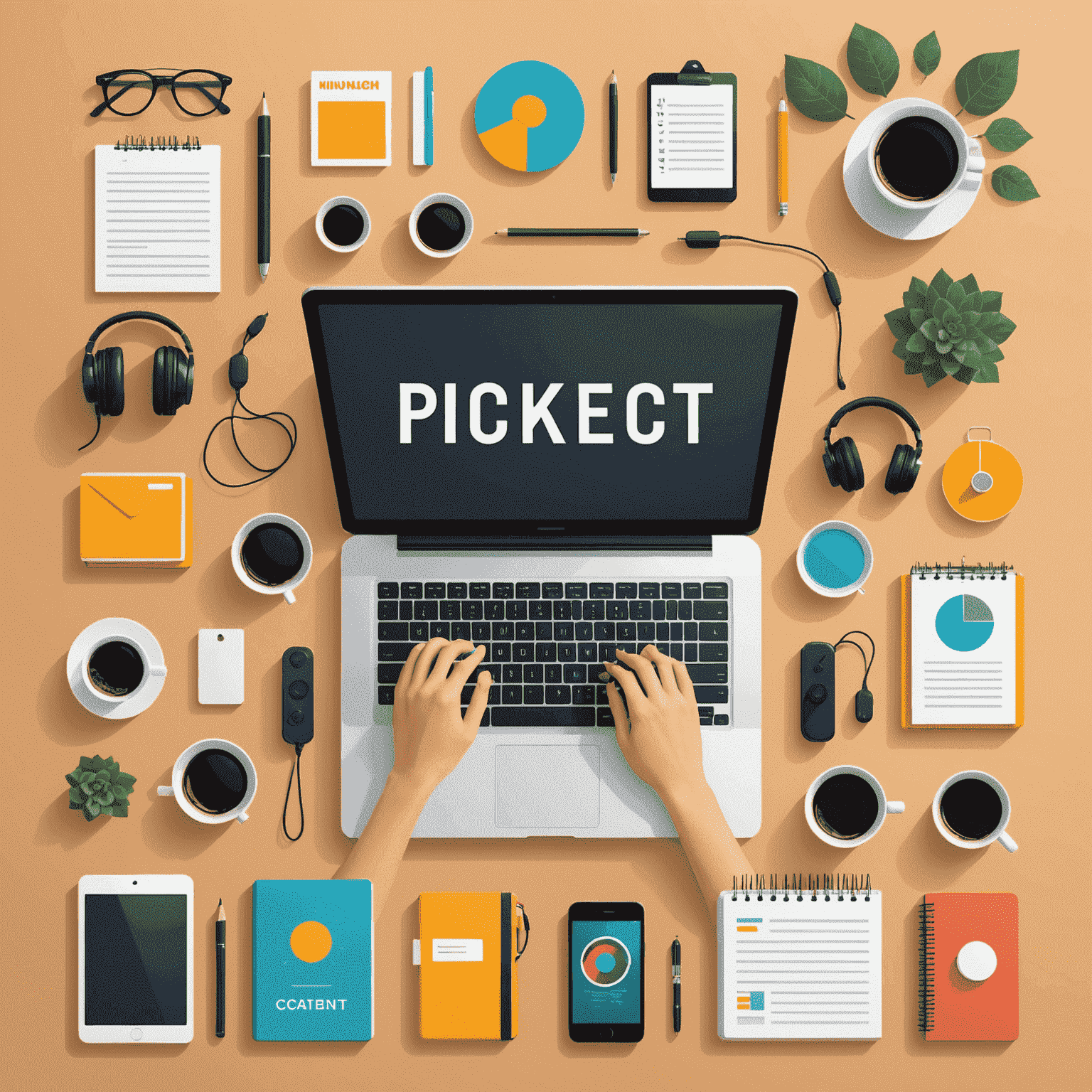Illustration of various content types: blog posts, videos, infographics, and podcasts