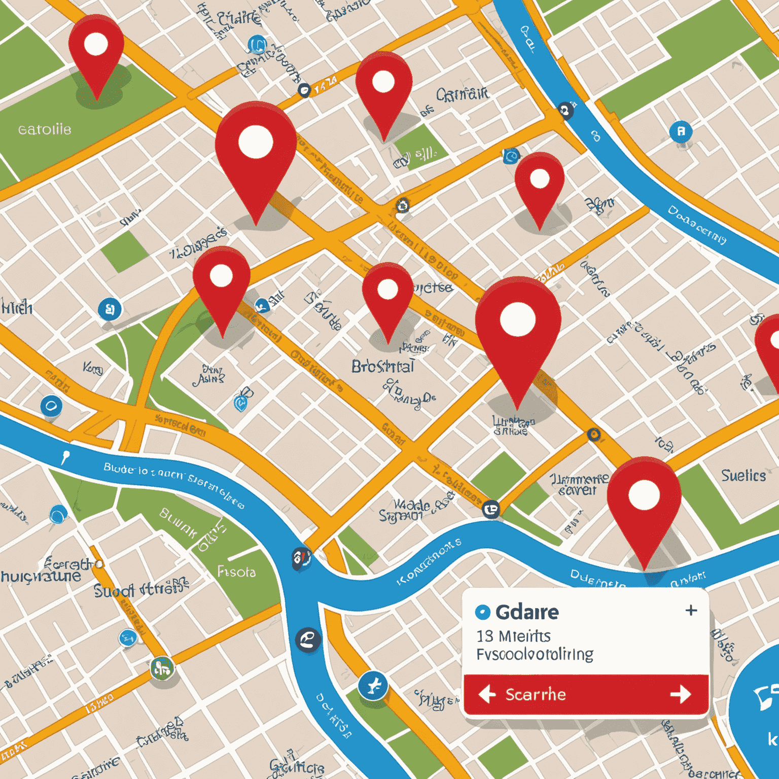 A map showing local search results with highlighted business listings and customer reviews
