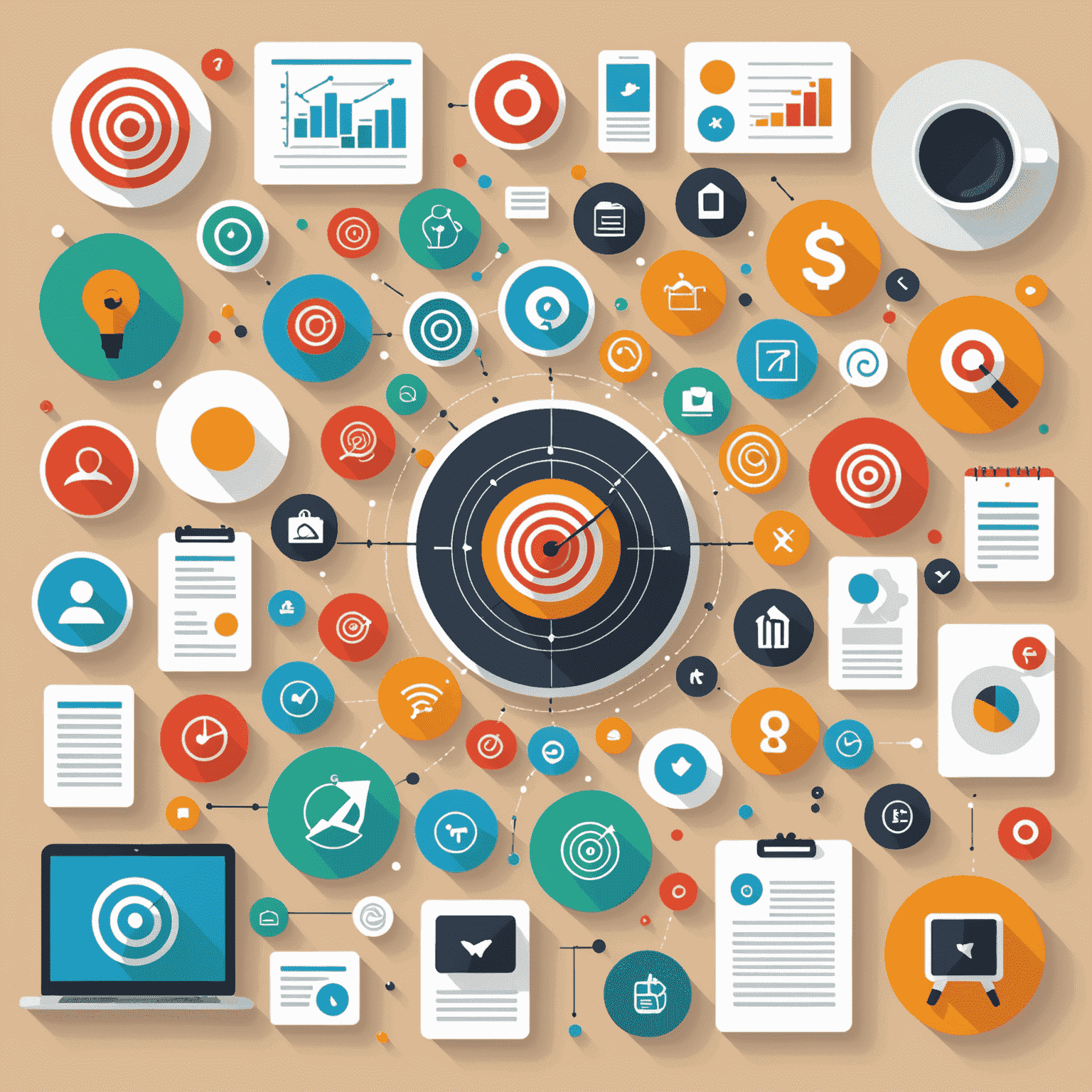 Illustration of various content types (blog posts, videos, infographics) surrounding a target audience icon, representing value creation through content marketing